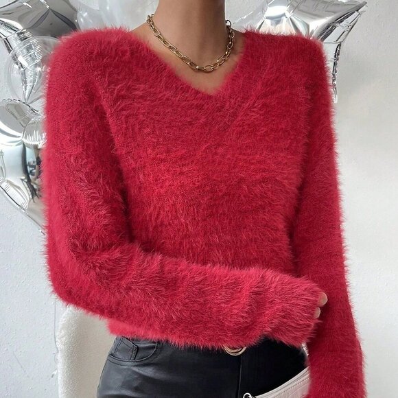 Red Casual Women's Mink V-Neck Versatile Minimalist Pullover Knit Sweater - Picture 7 of 8